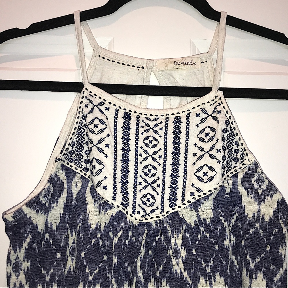 Halter High-Neck Flowy Tribal Tank - Blue + Cream